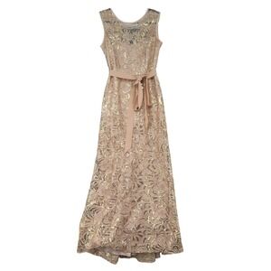 Betsy & Adam Gold Sequin Lace Evening Gown V-Back Champagne A13641 Womens 8